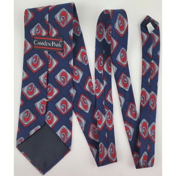 Geometric Necktie Tie Camden Park Red White Blue Silk 58"L 4"W VTG Retro - Picture 5 of 5